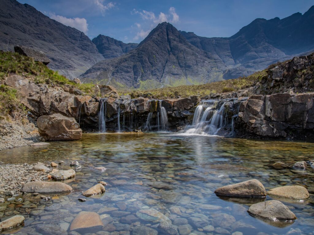 a photo of the Fairy Pools on the Isle of Skye